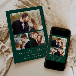 Save The Date Collage minimal de 3 photos Emerald Green Gold