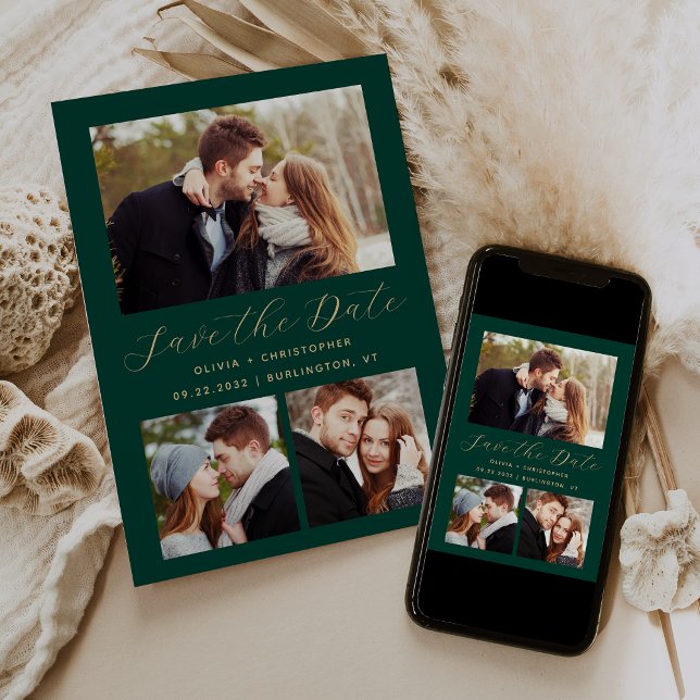 Save The Date Collage minimal de 3 photos Emerald Green Gold (Créateur téléchargé)