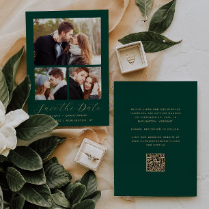 Save The Date Collage minimal de 3 photos Emerald Green Gold QR 