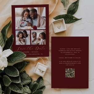 Save The Date Collage minimal de 3 photos QR Code Bourgogne Or