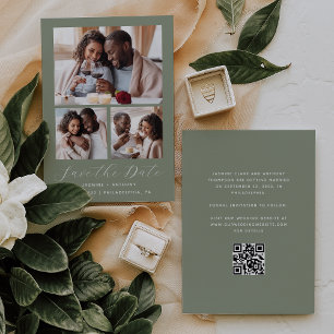 Save The Date Collage minimal de 3 photos QR Code Sage Green