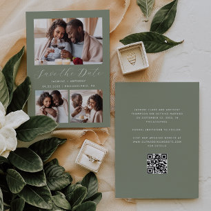 Save The Date Collage minimaliste de 3 photos QR Code Sage Green