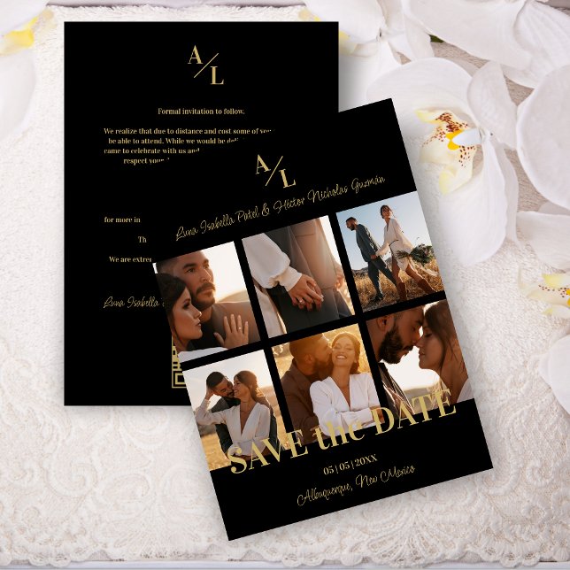 Save The Date Collage Multi Photos Simple Classique 6 Noir & Or (Black & Fake Gold Simple Classic 6 Multi Photos Collage Save the Date Card with Envelope. )