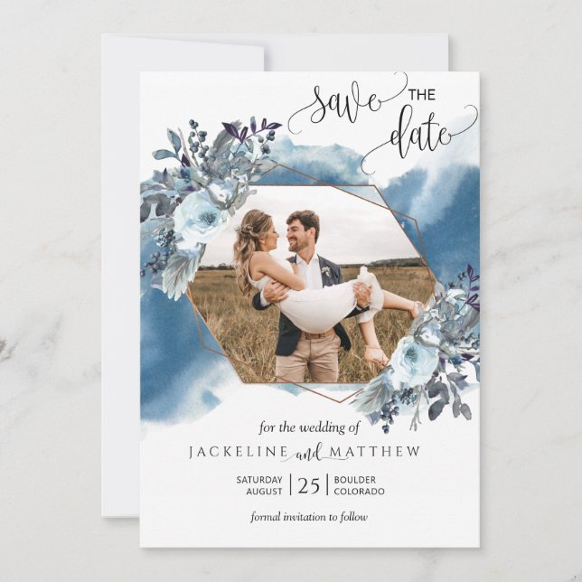 Save The Date Collage photo, aquarelle bleu géométrique (Devant)