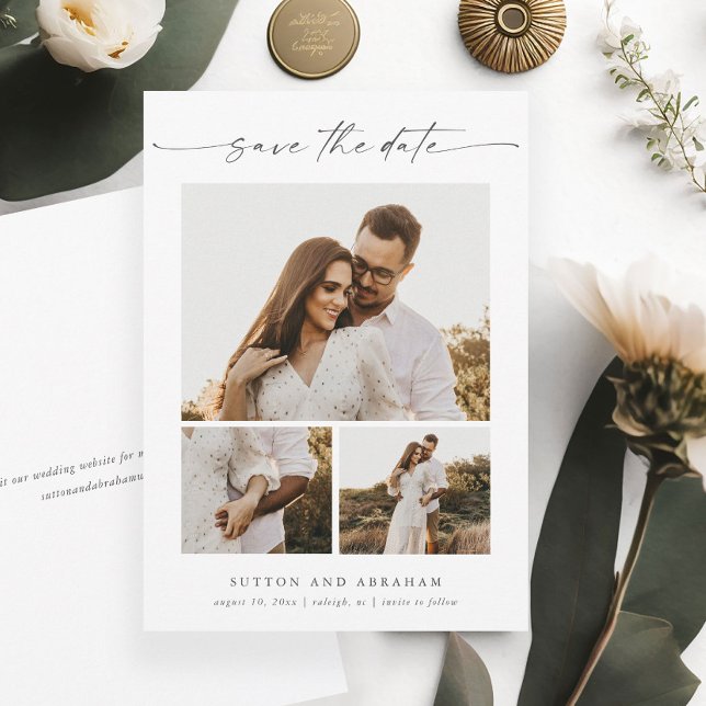 Save The Date Collage photo de 3 Modern Elegant Script (Am elegant minimalist 3 photo wedding save the date with modern handwritten script typography.)
