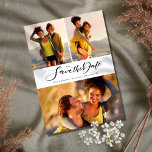 Save The Date Collage photo de script de calligraphie<br><div class="desc">Cette carte de date design contient vos 3 photos spéciales et un script de calligraphie élégant enregistrer la date au-dessus de vos détails définis dans une typographie élégante. Le verso contient des informations supplémentaires sur les événements. Conçu par Thisisnotme©</div>