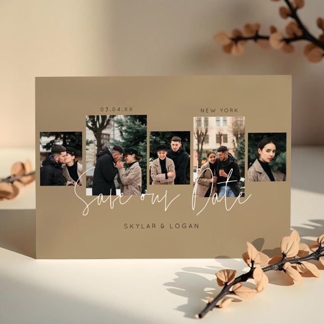 Save The Date Collage photo minime moderne Tan (Modern Minimal Typographic Photo Collage Tan Save The Date)