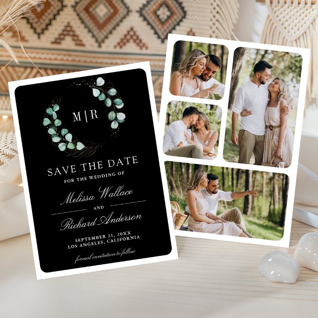 Save The Date Collage photo monogramme mariage noir Eucalyptus (Créateur téléchargé)