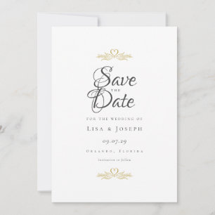 Save The Date Colombes dorées et écriture élégante de cœur