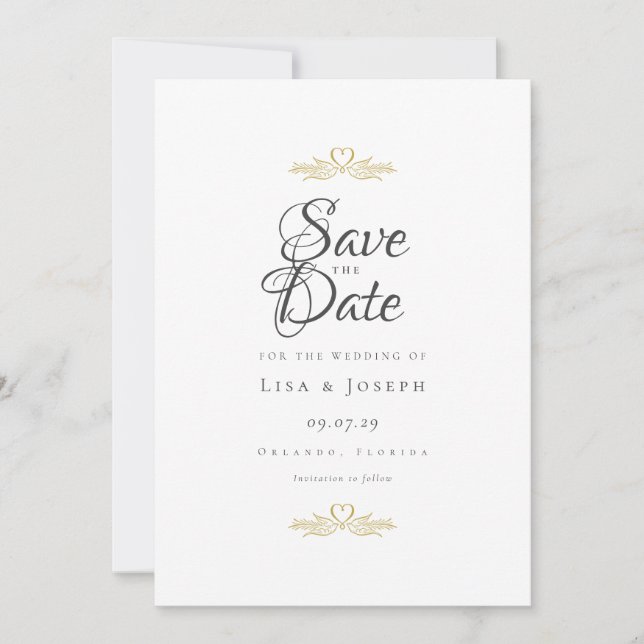 Save The Date Colombes dorées et écriture élégante de cœur (Devant)