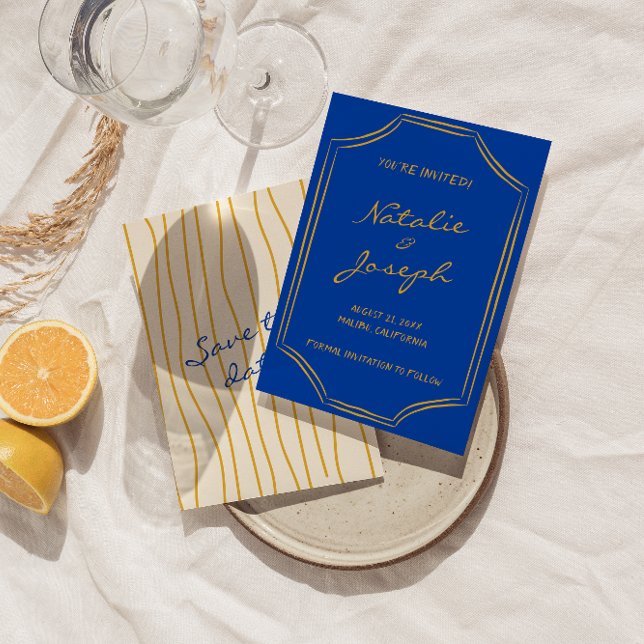 Save The Date Coloré manuscrit rétro Pinstripe Italie Mariage (Créateur téléchargé)