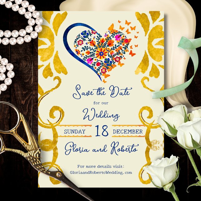 Save The Date Colorful Floral Heart Baroque Mexican Wedding (Vibrant floral heart with golden Baroque scrolls in rich cobalt and marigold tones.)