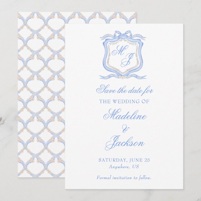Save The Date Concepteur d'aquarelle Blason de monogramme bleu M (Devant / Derrière)