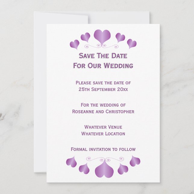 Save The Date Conception de cœurs violets pour un mariage (Devant)