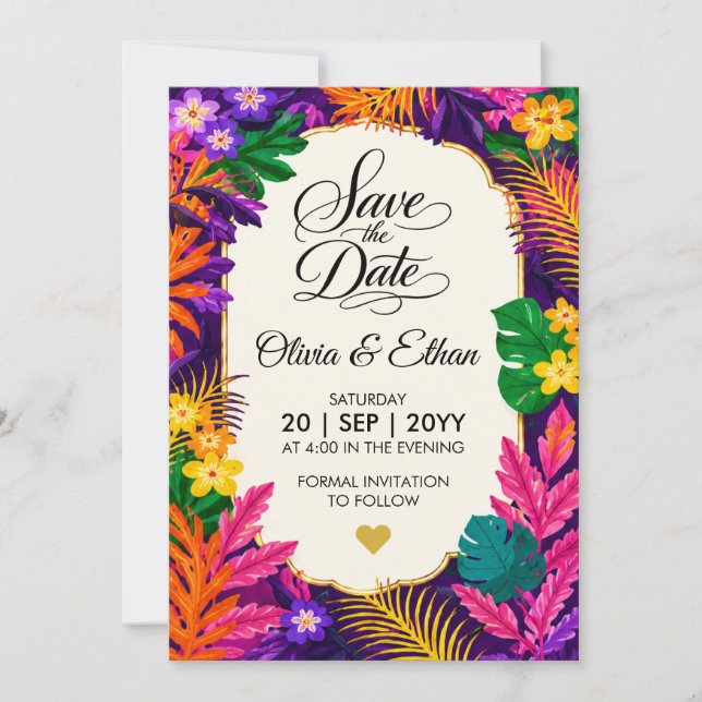 Save The Date Conception Florale Feuilles Tropicales  (Devant)