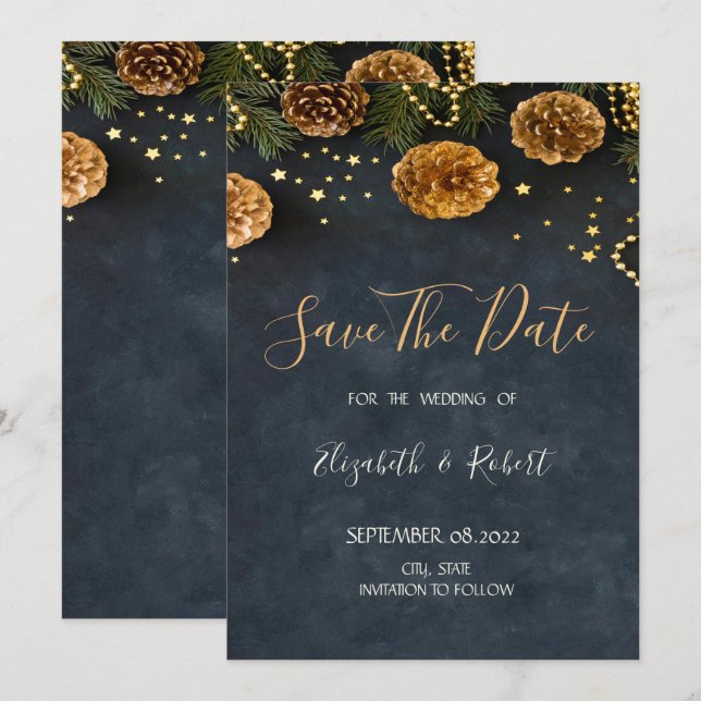 Save The Date Cônes de pin, étoiles Sauvegarder la date (Devant / Derrière)