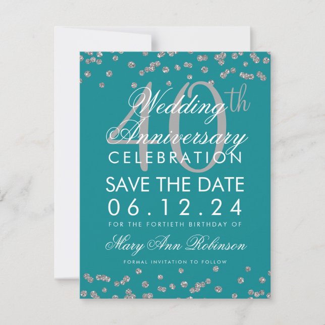 Save The Date Confetti Argent Teal 40e Anniversaire de Mariage (Devant)