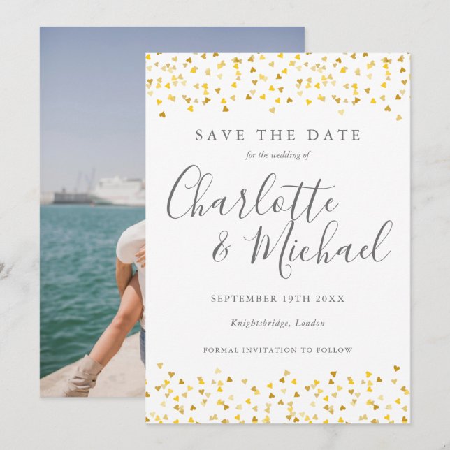 Save The Date Confetti de cœurs dorés Script Photo (Devant / Derrière)