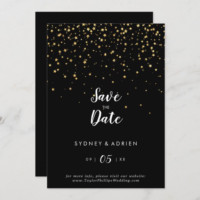 Save The Date Confetti d'or | Noir Mariage Enregistrer La Date (Devant / Derrière)