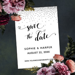 Save The Date Confetti en argent et calligraphie avec les coeurs