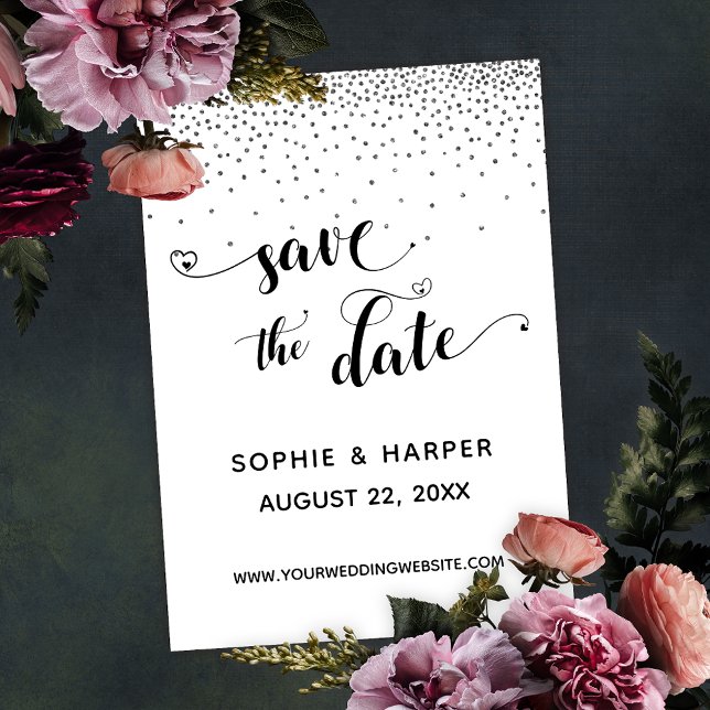 Save The Date Confetti en argent et calligraphie avec les coeurs (Créateur téléchargé)