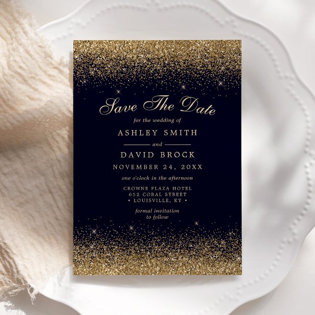 Save The Date Confettis dorés Bleu marine Moderne (Créateur téléchargé)
