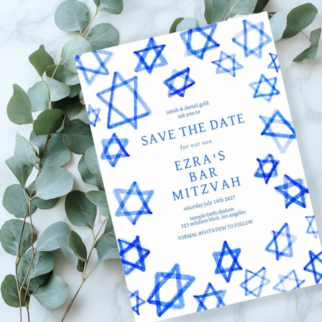 Save The Date Cool aquarelle Blue Star de David Bar Bat mitzvah (Watercolor Cool Blue Star of David Bar Bat Mitzvah Save The Date
)