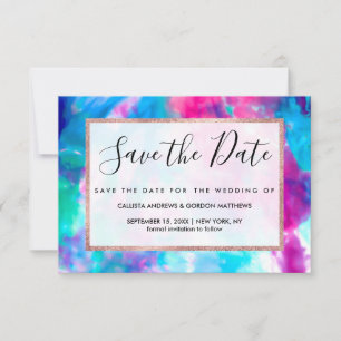 Save The Date Cool Artsy Girly Purple Rose Blue Tie Dye Motif