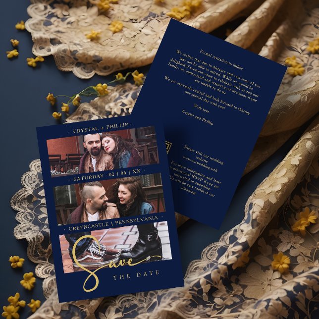 Save The Date Cool Navy Golden Romantic Wedding 3 Multi Photos (Cool Navy Blue Faux Golden Romantic Wedding Save the Date Card.)