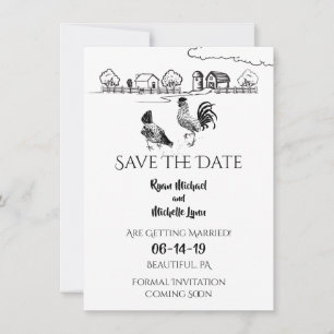 Save The Date Coqs Poules, Ferme Mariage Noir et Blanc