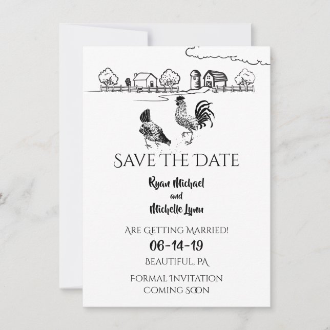 Save The Date Coqs Poules, Ferme Mariage Noir et Blanc (Devant)