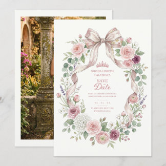 Save The Date Coquette Floral Bow Quinceañera Back Photo