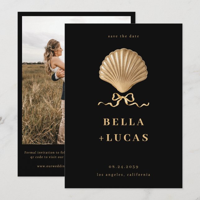 Save The Date Coquillage avec un Bow Gold Beach Destination Mari (Devant / Derrière)