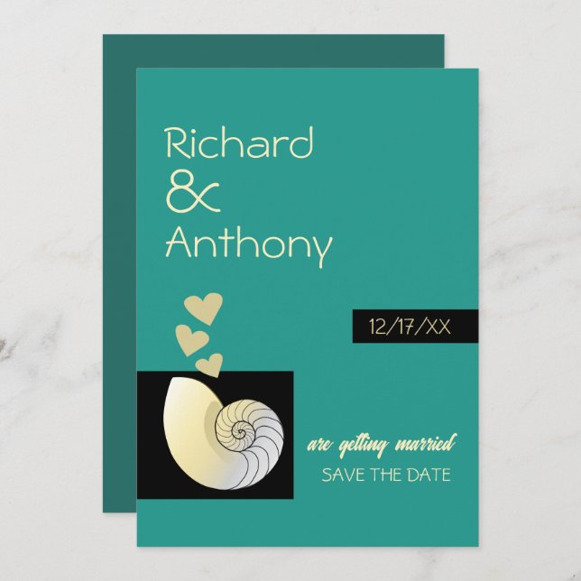 Save The Date Coquillage et Coeurs, Mariage plage (Devant / Derrière)