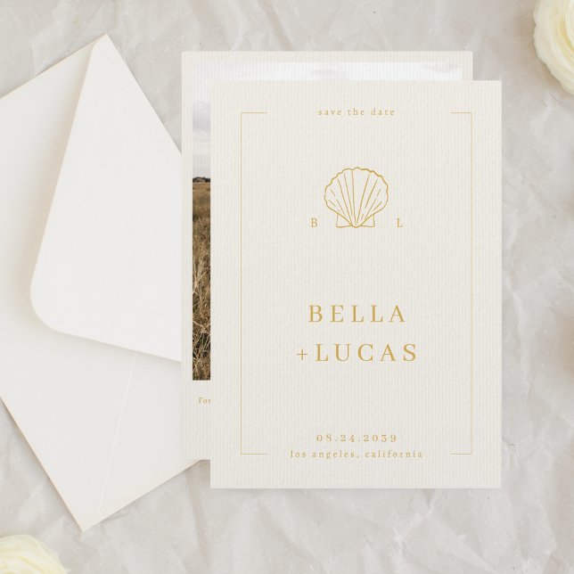 Save The Date Coquillage Monogramme de Mariage Code QR Thème Mar (Créateur téléchargé)