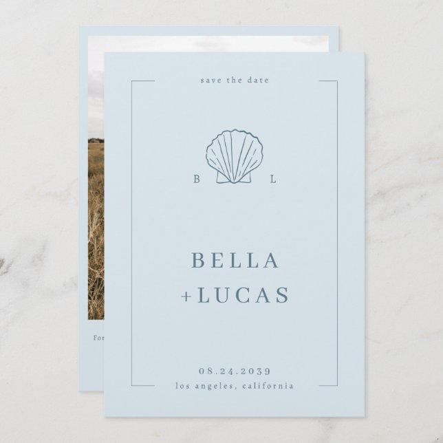 Save The Date Coquillage Monogramme de Mariage Code QR Thème Mar (Devant / Derrière)