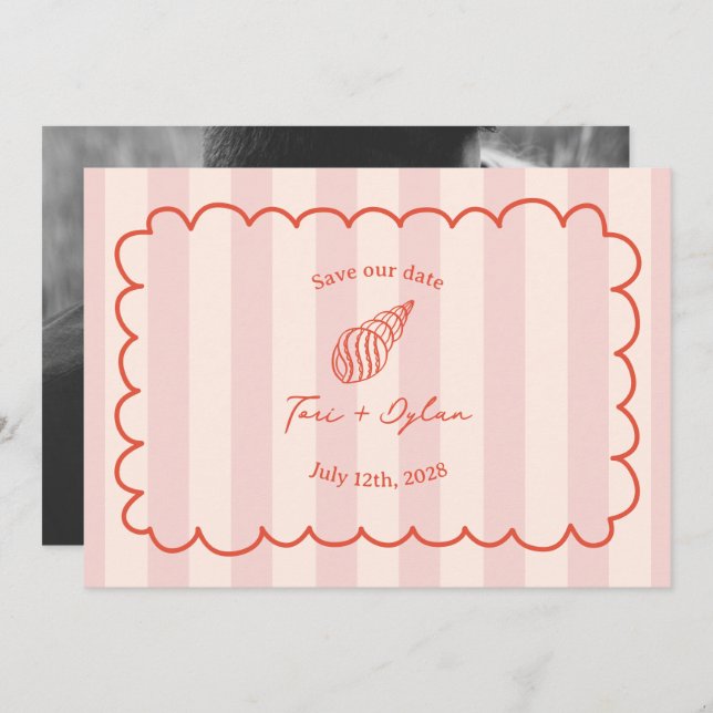 Save The Date Coquillage Tropical Rose Stripe Enregistrer La Dat (Devant / Derrière)