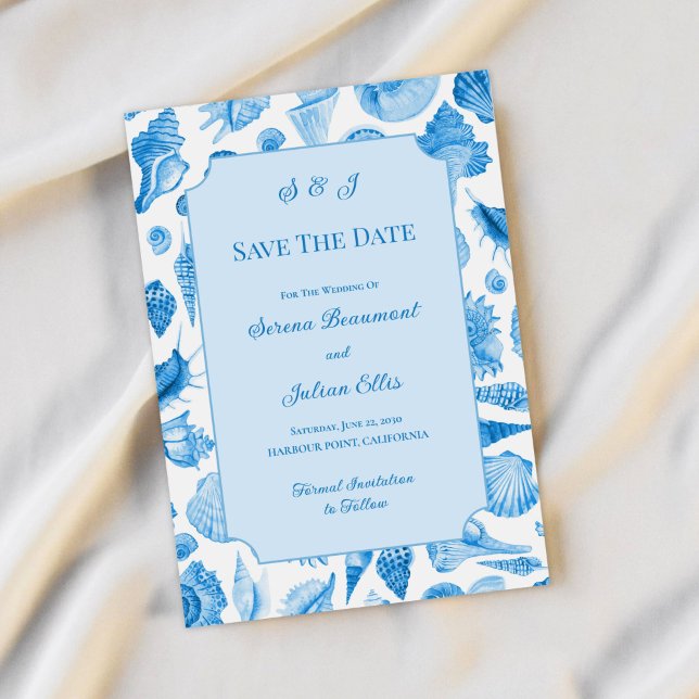 Save The Date Coquillages à l'aquarelle bleue Chic Côté Mer (Blue Watercolor Seashell Coastal Chic Save The Date)