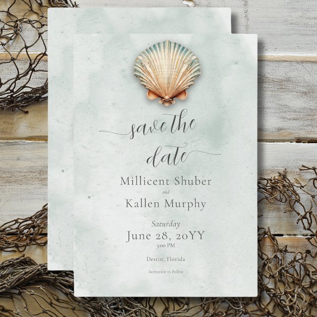 Save The Date Coquillages aquatiques modernes de mariage côtier (Modern Coastal Seashell Aqua Wedding Save The Date)
