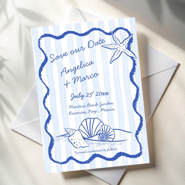 Save The Date Coquillages bleu poire à main ondulé mariage de la (Seashells blue handrawn wavy border beach destination wedding save the date cards template )