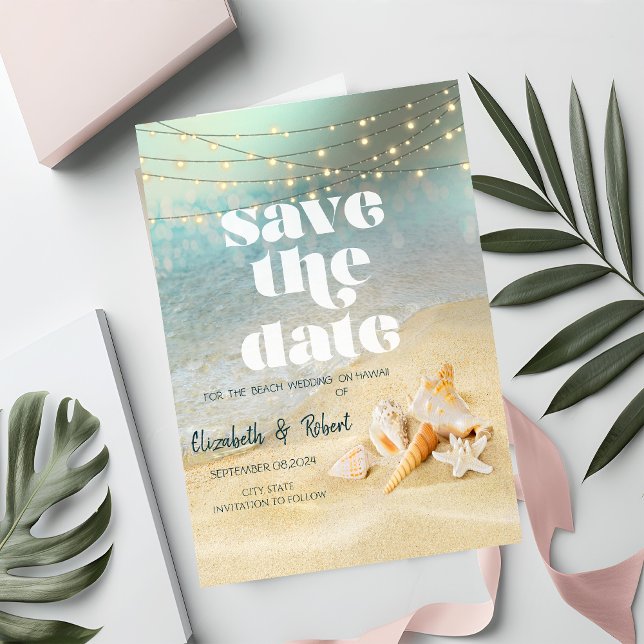 Save The Date Coquillages De Mariage De Plage Éclairage À Chaîne (Créateur téléchargé)