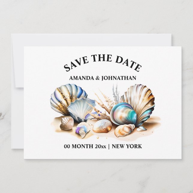 Save The Date Coquillages de mer iridescente nautique chic côtie (Devant)