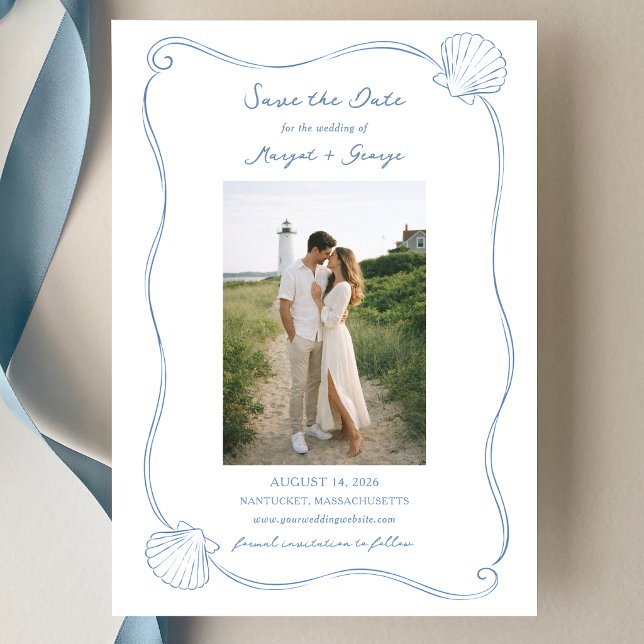 Save The Date Coquillages Dessinés à la Main Mariage Simple Bleu (Créateur téléchargé)
