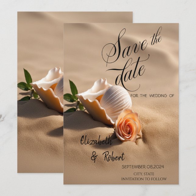 Save The Date Coquillages Sable Rose Épinglez la date (Devant / Derrière)