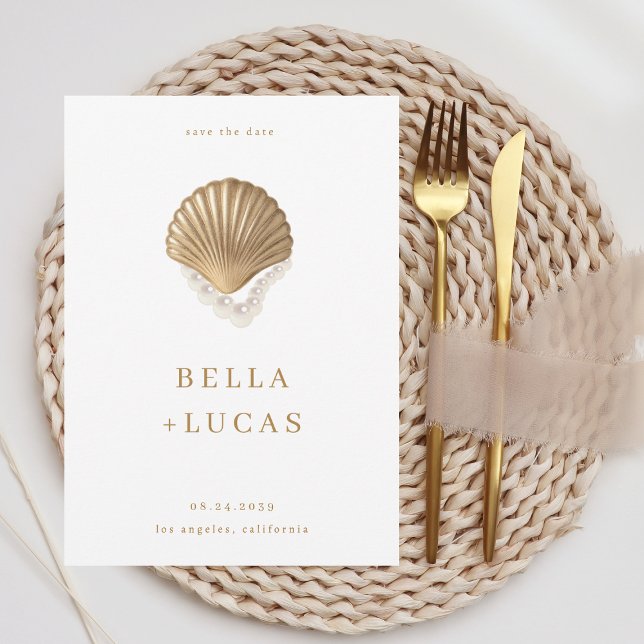 Save The Date Coquille d'or et perles Code QR Mariage côtier (Créateur téléchargé)