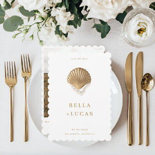 Save The Date Coquille d'or et perles Code QR Mariage côtier