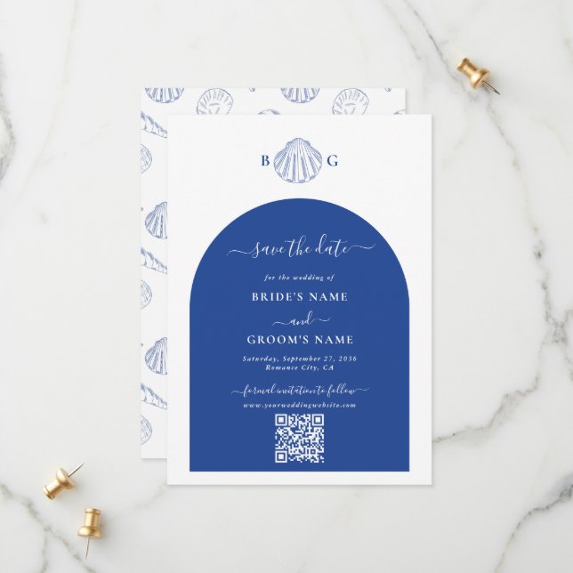 Save The Date Coquilles de palourdes bleues mariage plage côtièr (Devant/Arrière en situation)