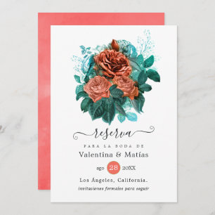Save The Date Corail espagnol et Mariage floral turquoise