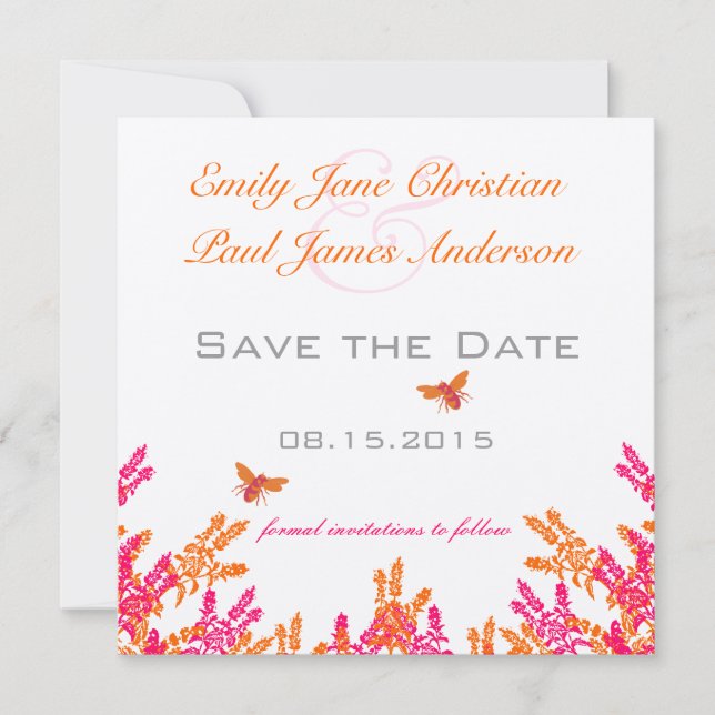Save The Date Corail & Gris Fleur Fleur d'abeille Mariage Enregi (Devant)