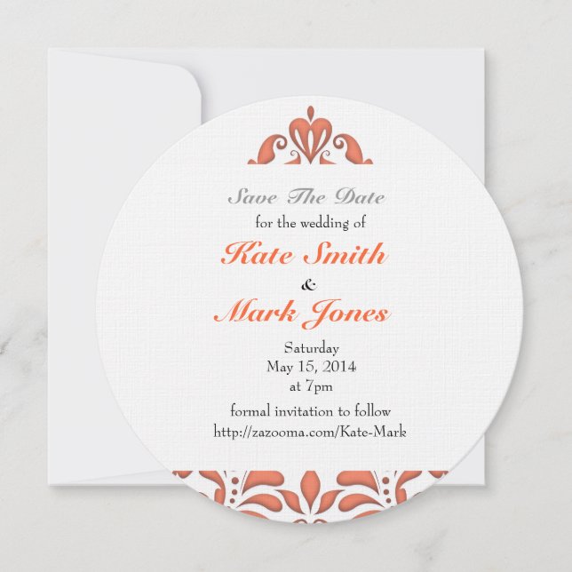 Save The Date Corail HeartyParty Et Coeur Damas Blanc (Devant)